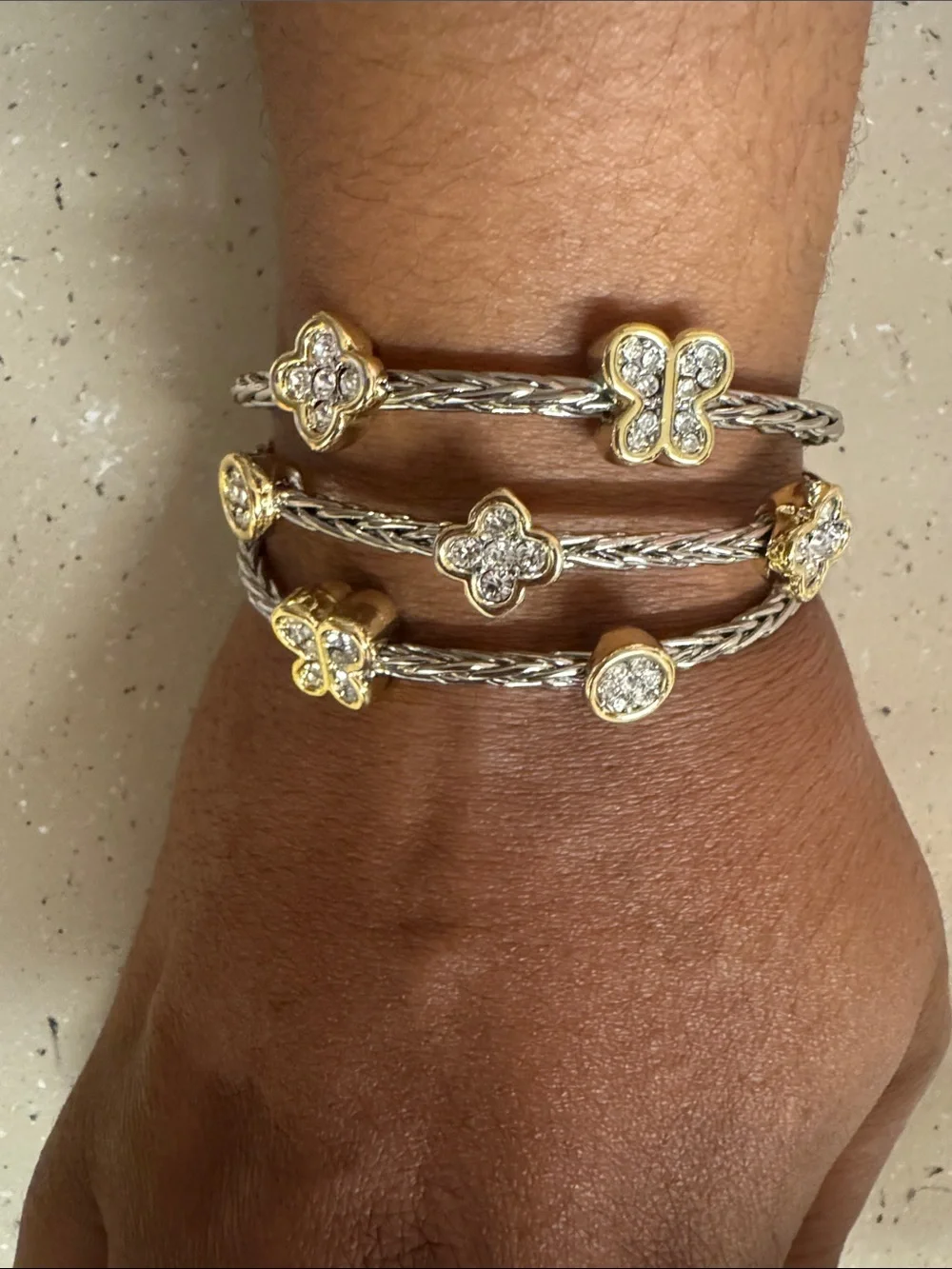 Two-Tone Crystal Butterfly & Floral Cuff Bracelet